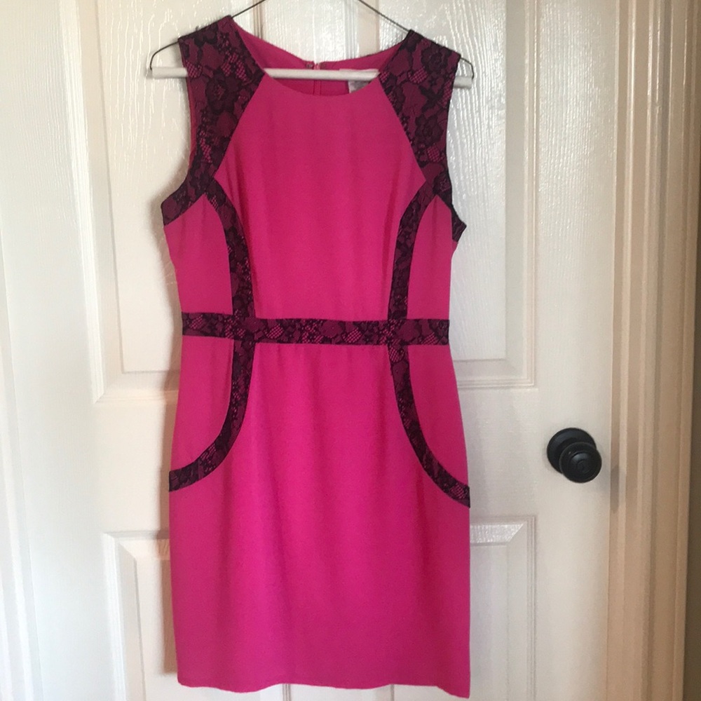 Bright pink dress with black lace detail